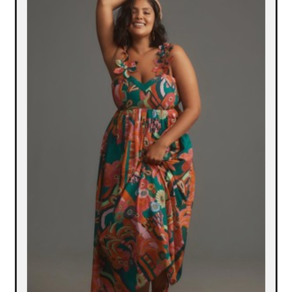 Farm Rio x Anthropologie $238 Pleated Palm Midi Dress XL New - A